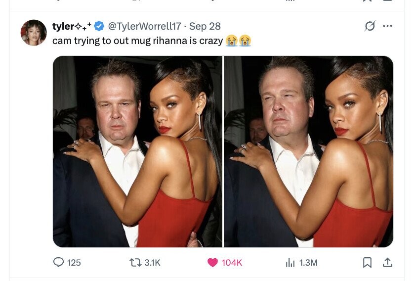 tyler ** @TylerWorrell17 Sep 28 ... cam trying to out mug rihanna is crazy 125 3.1K 104K del 1.3M 