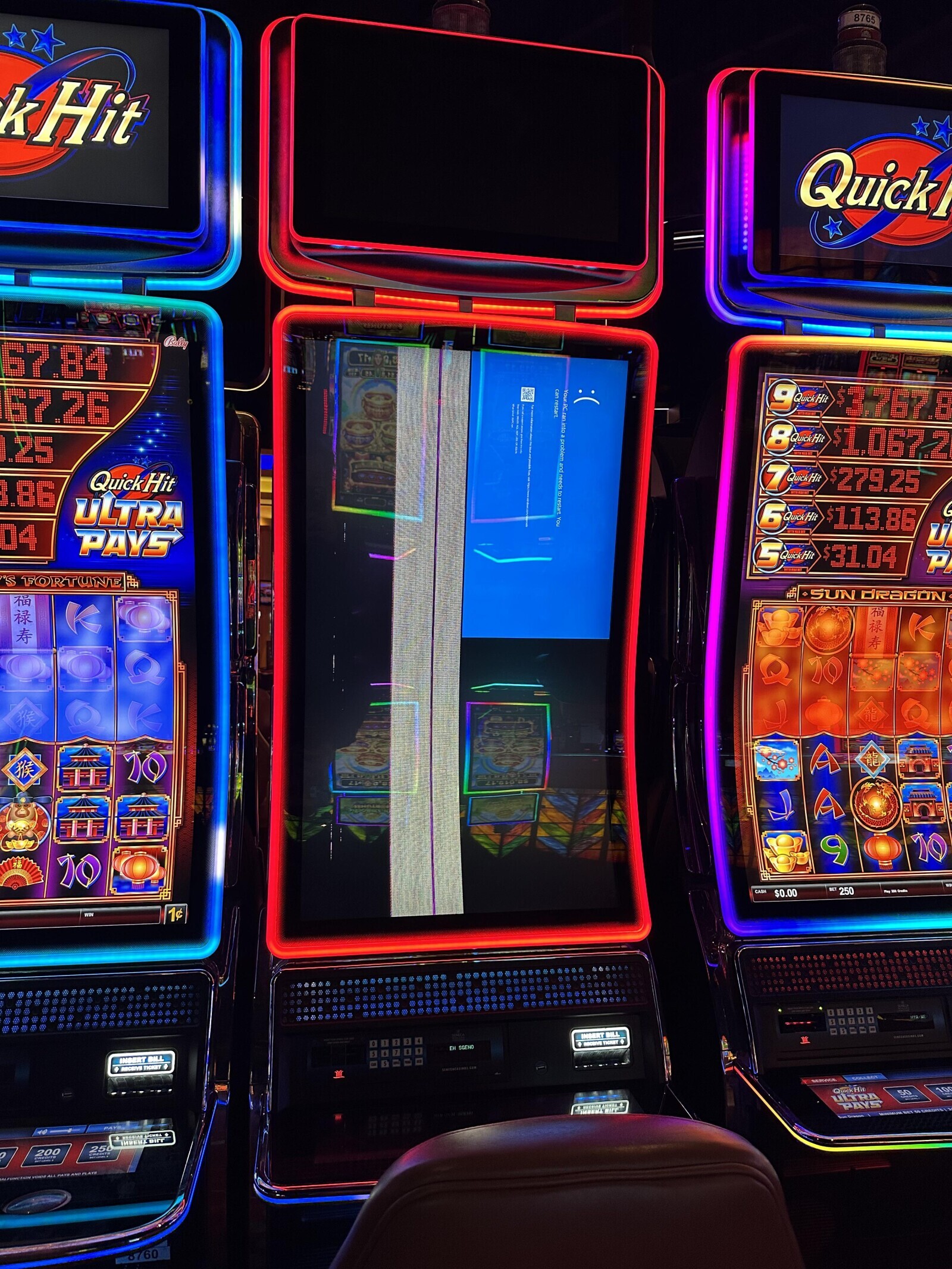 8765 kHit Quick Bally 67.84 This 67.26 Your PC ran in to problem and needs You can restart. و QuickHit 3.767.8 8ood 1.067.2 1.25 7 Quick Hit $279.25 QuickHit 3.86 ULTRA $113.86 04 U PAYS $31.04 P 'S FORTUNE au th .SUN dRaGON 20 10 G A 10 JO CASH 250 $0.00 1c EH SGENC INSERT BILL RECEIVE TICKET 10 50 ULTRA PAYS MEGRIAS HICKEL CREDIT 25 200 CREDITS 8760