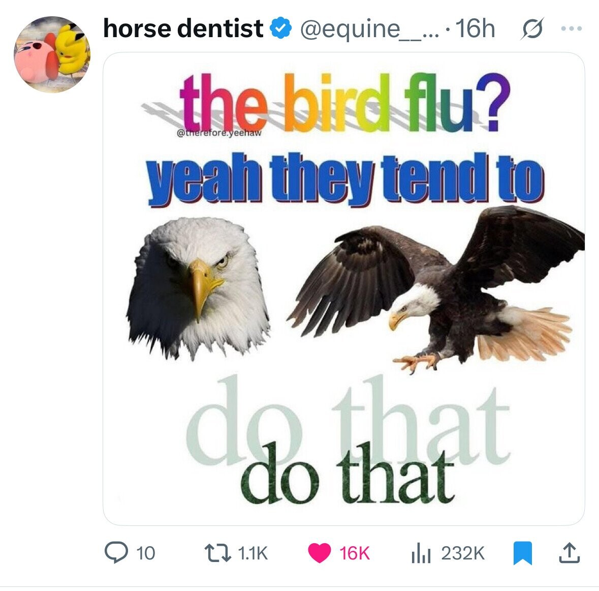 horse dentist @equine_....1 16h s ... the bird flu? @tnerefore.yeehaw yeah they tend to do do that that 10 1.1K 16K 232K 