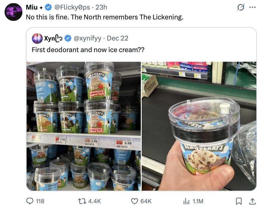 Miu @Flicky0ps.23h O ... No this is fine. The North remembers The Lickening. XynCo @xynifyy . 1 Dec 22 First deodorant and now ice cream?? ALLERGY 0000 AX DO ... set Strawberry Mint Topped Tart D II 11 rherry - Tan adidas timiteding LITERRY'S I Dad Mint Pio Topped Tart - - - 5.99 IN - 5.99 Anti 47.92 5.99 BERGUERRY'S Jast - Row five FOR F - tittee Peder Tedge ب Todty ACC NEW عربية PHIS E GROW 118 4.4K 64K del 1.1M 