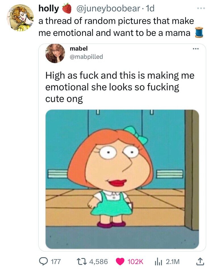 holly @juneyboobear- 1d ... a thread of random pictures that make me emotional and want to be a mama mabel ... @mabpilled High as fuck and this is making me emotional she looks so fucking cute ong 177 4,586 102K 2.1M