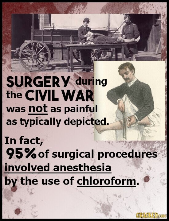 SURGERY during the CIVIL WAR was not as painful as typically depicted. In fact, 95% of surgical procedures involved anesthesia by the use of chloroform. GRACKED.GOM