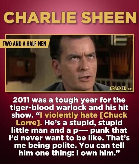 CHARLIE SHEEN TWO AND A HALF MEN CRACKED COM 2011 was a tough year for the tiger-blood warlock and his hit show. I violently hate . He's a stupid, stupid little man and a р-- punk that I'd never want to be like. That's me being polite. You can tell him one thing: I own him.