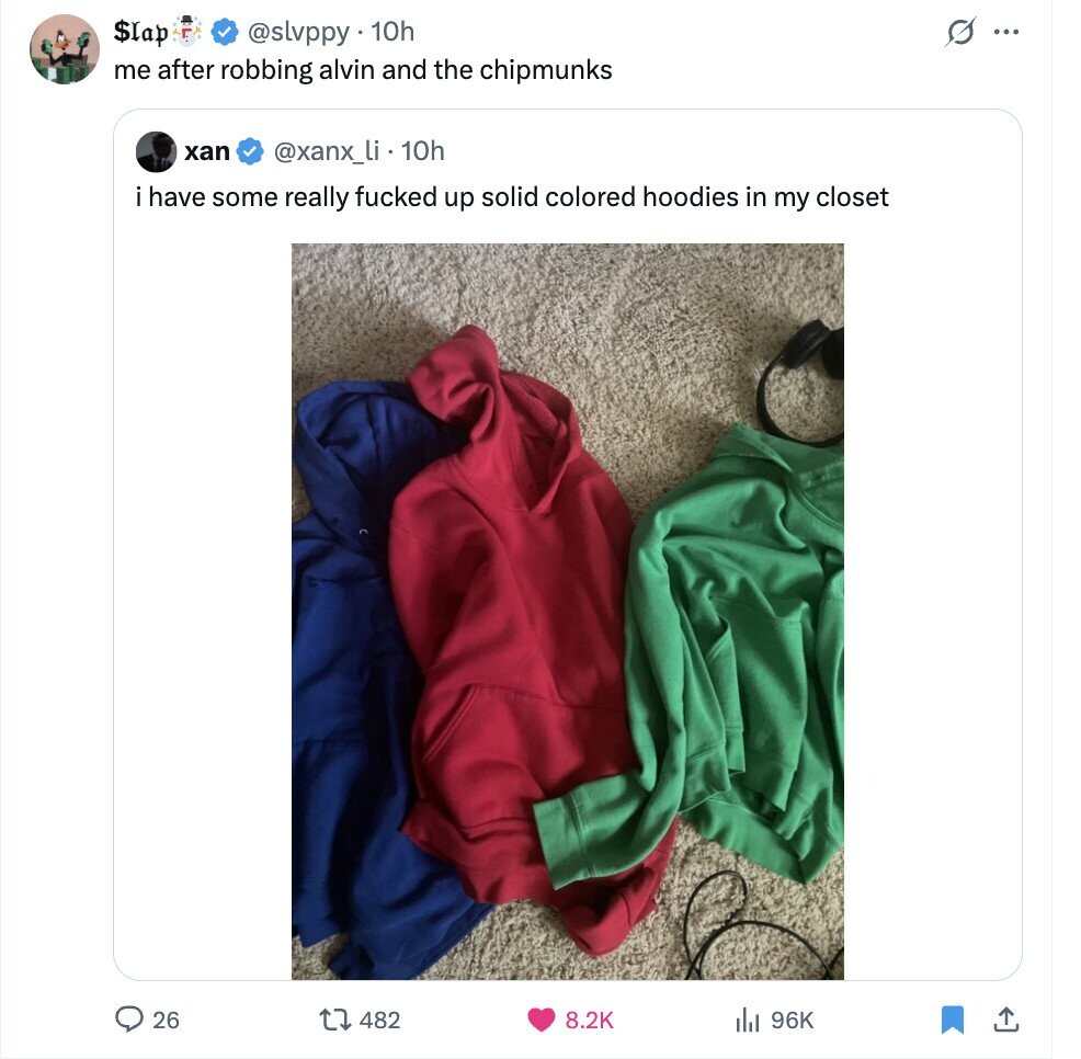 s ... $lap @slvppy . 10h me after robbing alvin and the chipmunks хап @xanx_li - 10h i have some really fucked up solid colored hoodies in my closet 26 482 8.2K 96K 