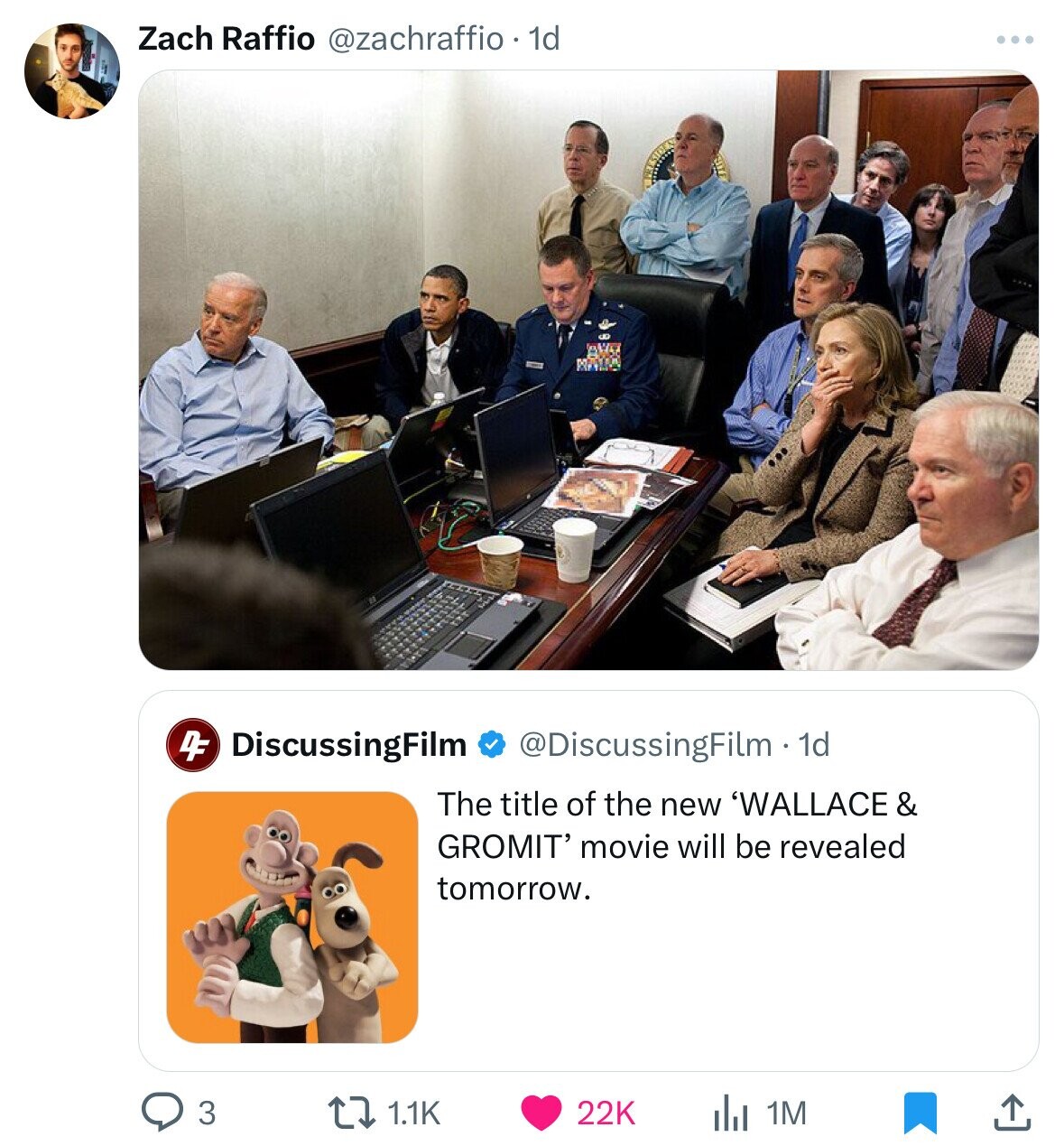 Zach Raffio @zachraffio . 1d ... DF DiscussingFilm @DiscussingFilm. dd The title of the new 'WALLACE & GROMIT' movie will be revealed tomorrow. 3 1.1K 22K 1M