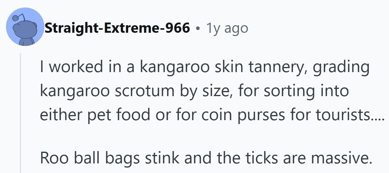 Straight-Extreme-966 1y ago I worked in a kangaroo skin tannery, grading kangaroo scrotum by size, for sorting into either pet food or for coin purses for tourists.... Roo ball bags stink and the ticks are massive.