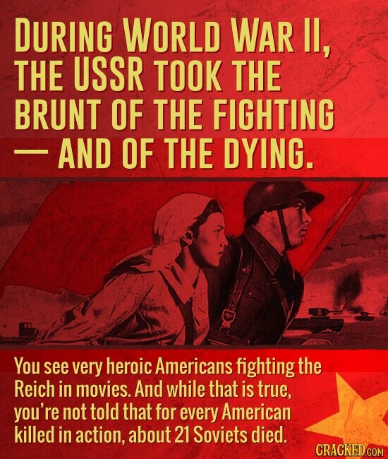 DURING WORLD WAR II, THE USSR TOOK THE BRUNT OF THE FIGHTING - AND OF THE DYING. You see very heroic Americans fighting the Reich in movies. And while that is true, you're not told that for every American killed in action, about 21 Soviets died. CRACKED.COM