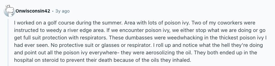 Onwisconsin42 Зу ago | worked on a golf course during the summer. Area with lots of poison ivy. Two of my coworkers were instructed to weedy a river edge area. If we encounter poison ivy, we either stop what we are doing or go get full suit protection with respirators. These dumbasses were weedwhacking in the thickest poison ivy | had ever seen. No protective suit or glasses or respirator. | roll up and notice what the hell they're doing and point out all the poison ivy everywhere- they were aerosolizing the oil. They both ended up in the hospital 