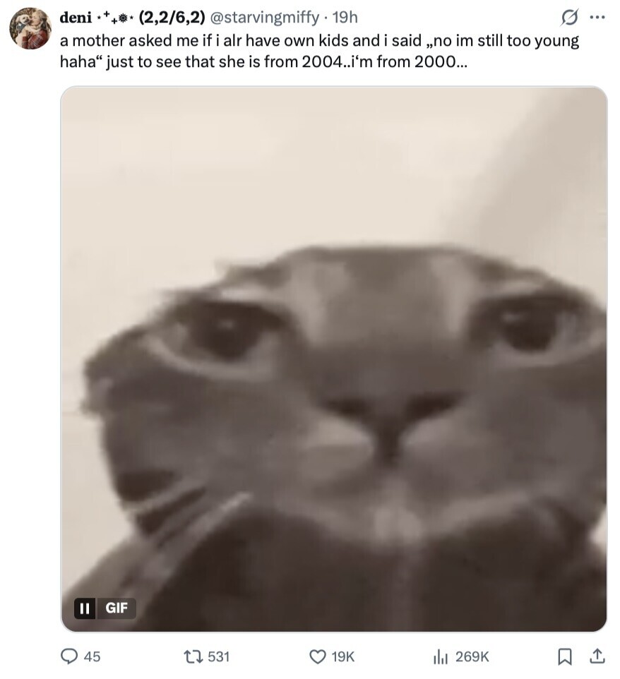 deni ٠+++٠ (2,2/6,2) @starvingmiffy. 19h S ... a mother asked me if i alr have own kids and i said no im still too young haha just to see that she is from 2004..i'm from 2000... GIF II 45 531 19K del 269K 