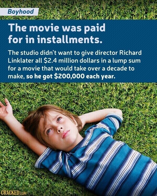 Boyhood The movie was paid for in installments. The studio didn't want to give director Richard Linklater all $2.4 million dollars in a lump sum for a movie that would take over a decade to make, so he got $200,000 each year. CRACKED.COM