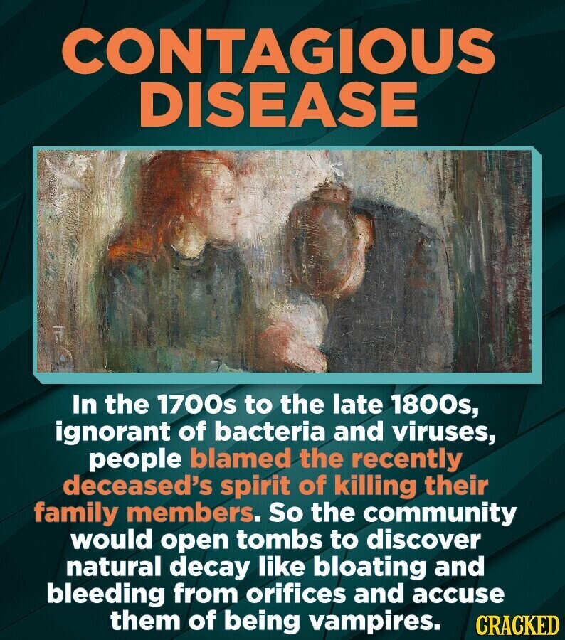 CONTAGIOUS DISEASE In the 1700s to the late 1800s, ignorant of bacteria and viruses, people blamed the recently deceased's spirit of killing their family members. So the community would open tombs to discover natural decay like bloating and bleeding from orifices and accuse them of being vampires. CRACKED