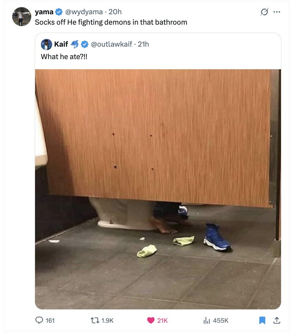 @wydyama .20h s ... yama Socks off Не fighting demons in that bathroom Kaif @outlawkaif. 21h What he ate?!! 161 1.9K 21K 455K 