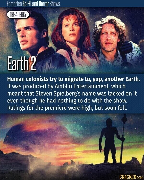 Forgotten Sci-Fi and Horror Shows 1994-1995 Earth 2 Human colonists try to migrate to, yup, another Earth. It was produced by Amblin Entertainment, which meant that Steven Spielberg's name was tacked on it even though he had nothing to do with the show. Ratings for the premiere were high, but soon fell. CRACKED.COM