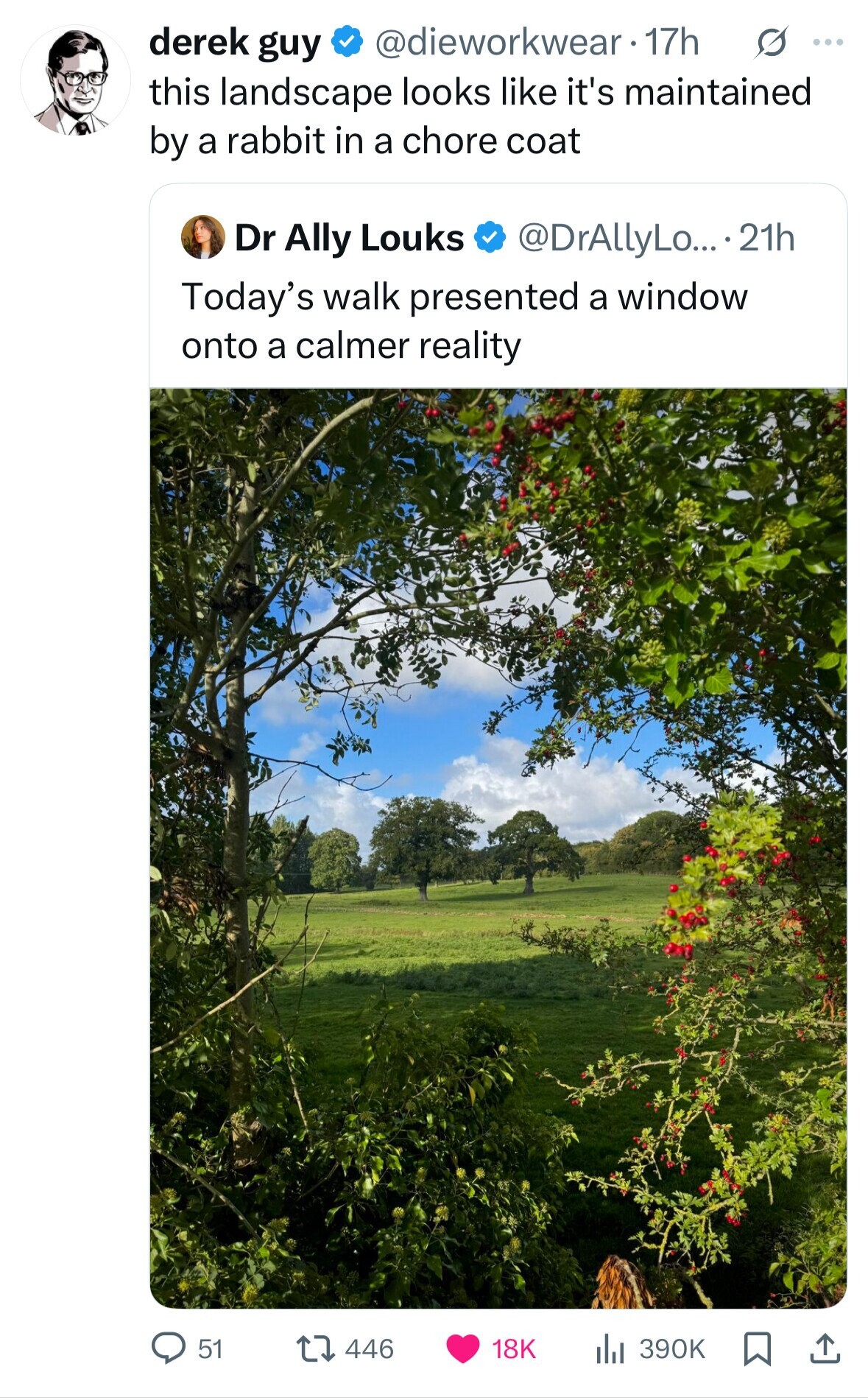 derek guy @dieworkwear.1 17h s ... this landscape looks like it's maintained by a rabbit in a chore coat Dr Ally Louks @DrAllyLo....21h Today's walk presented a window onto a calmer reality 446 51 18K 390K