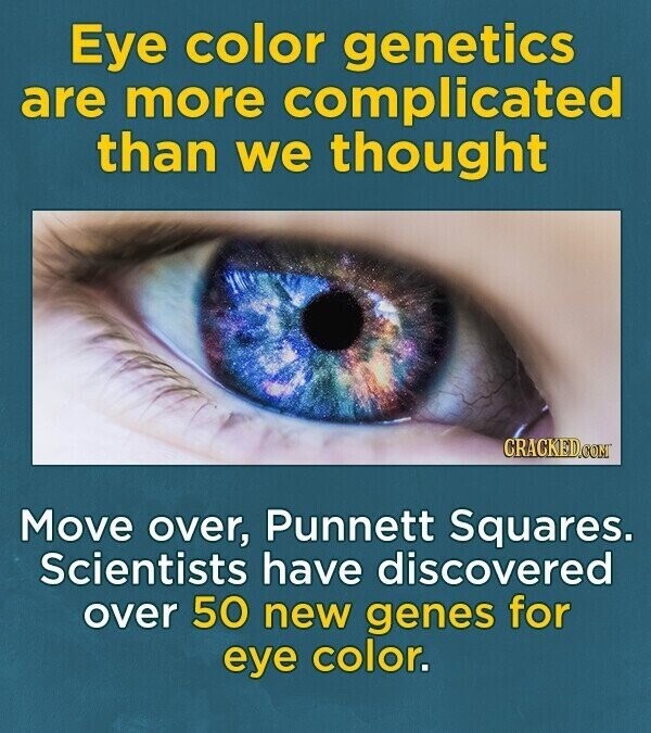 Eye color genetics are more complicated than we thought CRACKED.COM Move over, Punnett Squares. Scientists have discovered over 50 new genes for eye color.