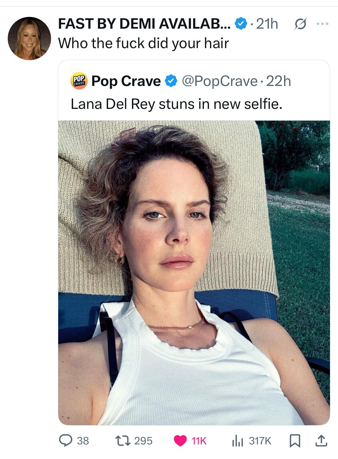 FAST BY DEMI AVAILAB... 21h ... Who the fuck did your hair POP CRAVE @PopCrave.2 22h Pop Crave Lana Del Rey stuns in new selfie. 38 295 11K 317K 