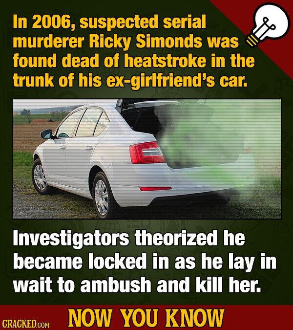 In 2006, suspected serial murderer Ricky Simonds was found dead of heatstroke in the trunk of his ex-girlfriend's car. Investigators theorized he became locked in as he lay in wait to ambush and kill her. NOW YOU KNOW CRACKED.COM