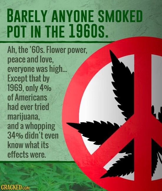 BARELY ANYONE SMOKED POT IN THE 1960s. Ah, the '60s. Flower power, peace and love, everyone was high... Except that by 1969, only 4% of Americans had ever tried marijuana, and a whopping 34% didn't even know what its effects were. CRACKED.COM
