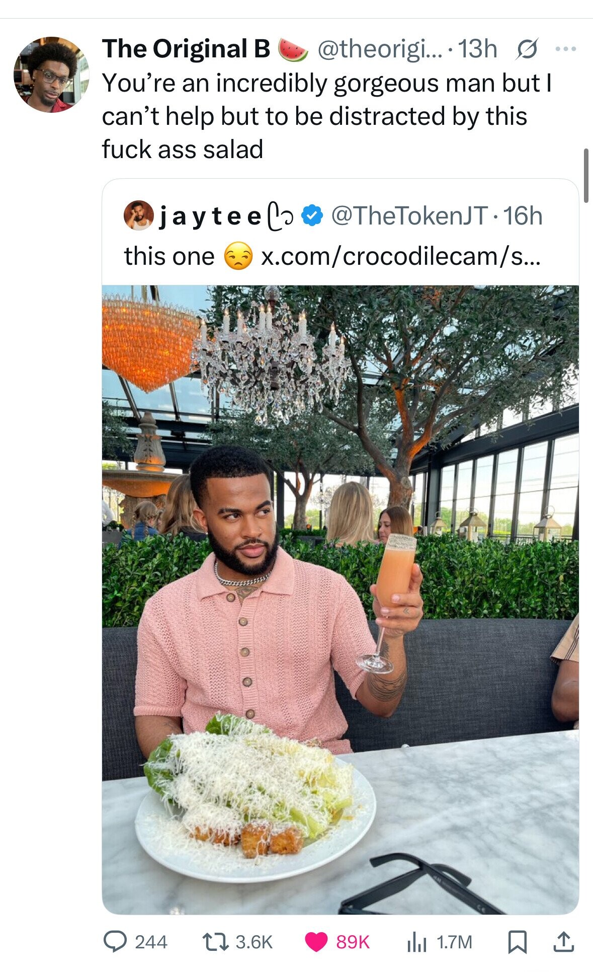 The Original в @theorigi... 13h s ... You're an incredibly gorgeous man but I can't help but to be distracted by this fuck ass salad @TheTokenJT 16h jayteel this one x.com/crocodilecam/s... 244 3.6K 89K dJ 1.7M 