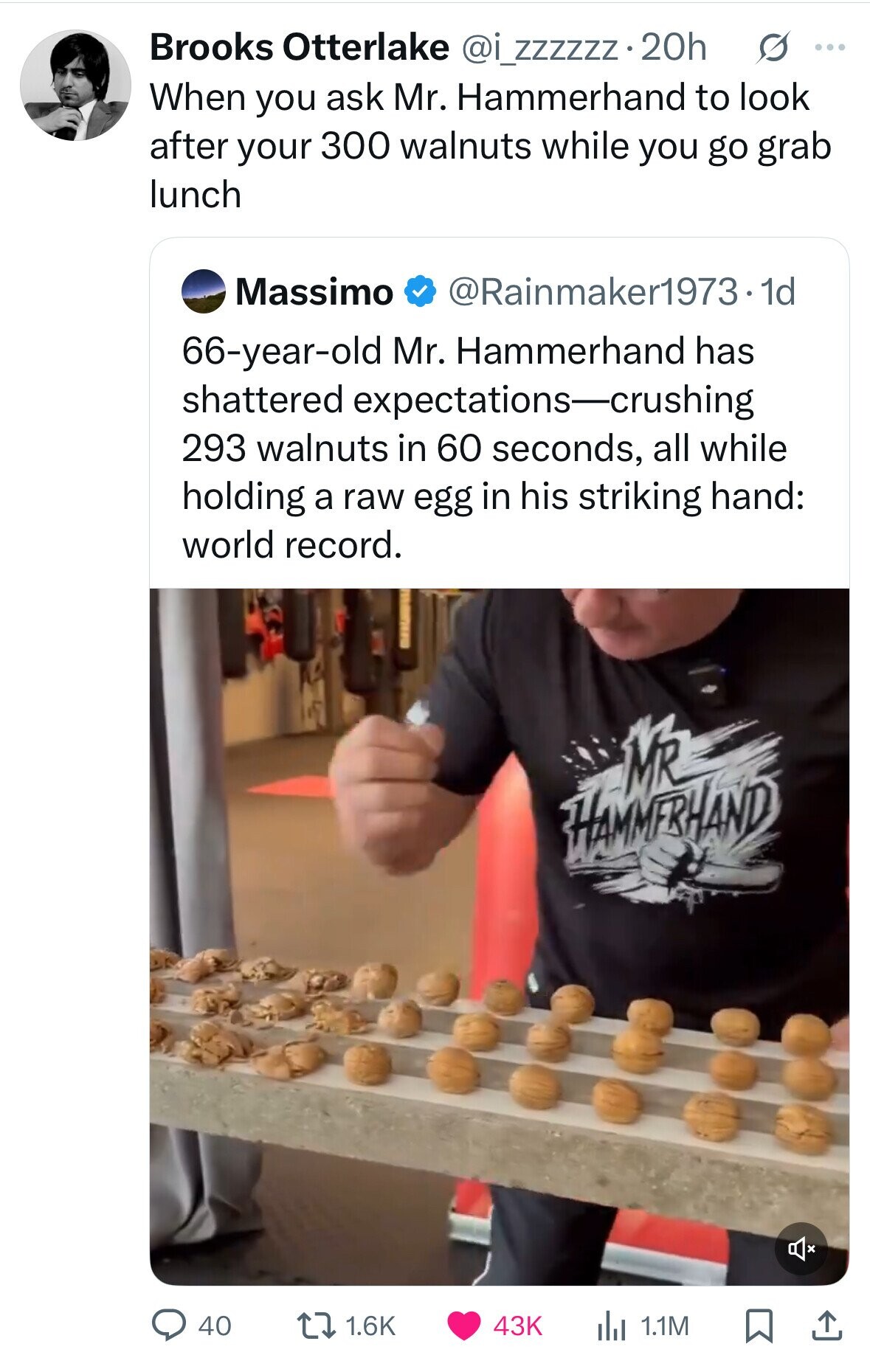 Brooks Otterlake @i_zzzzzz.20h s ... When you ask Mr. Hammerhand to look after your 300 walnuts while you go grab lunch Massimo @Rainmaker1973.1d 66-year-old Mr. Hammerhand has shattered expectations-crushing 293 walnuts in 60 seconds, all while holding a raw egg in his striking hand: world record. MR HAMMERHAND 40 1.6K 43K du 1.1M 