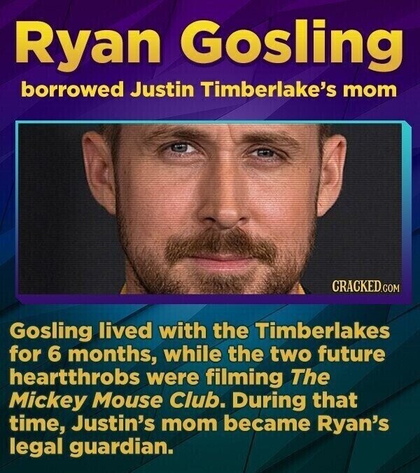 Ryan Gosling borrowed Justin Timberlake's mom CRACKED.COM Gosling lived with the Timberlakes for 6 months, while the two future heartthrobs were filming The Mickey Mouse Club. During that time, Justin's mom became Ryan's legal guardian.