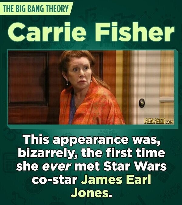 THE BIG BANG THEORY Carrie Fisher CRACKED.COM This appearance was, bizarrely, the first time she ever met Star Wars co-star James Earl Jones.