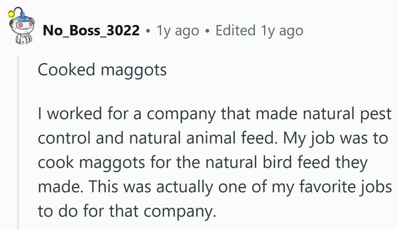 No_Boss_3022 . 1y ago Edited 1y ago Cooked maggots I worked for a company that made natural pest control and natural animal feed. My job was to cook maggots for the natural bird feed they made. This was actually one of my favorite jobs to do for that company.