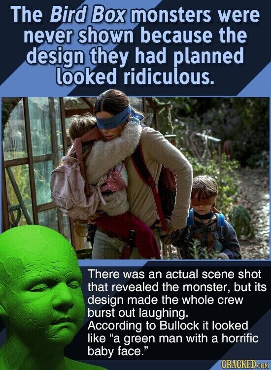 The Bird Box monsters were never shown because the design they had planned looked ridiculous. There was an actual scene shot that revealed the monster, but its design made the whole crew burst out laughing. According to Bullock it looked like a green man with a horrific baby face. CRACKED.COM