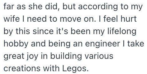 far as she did, but according to my wife I need to move on. I feel hurt by this since it's been my lifelong hobby and being an engineer I take great joy in building various creations with Legos.