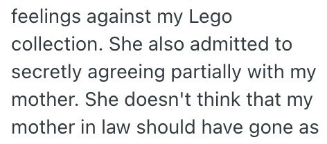 feelings against my Lego collection. She also admitted to secretly agreeing partially with my mother. She doesn't think that my mother in law should have gone as