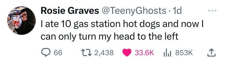 Rois Graves @TeenyGhosts 1d ... I ate 10 gas station hot dogs and now I can only turn my head to the left 66 2,438 33.6K del 853K