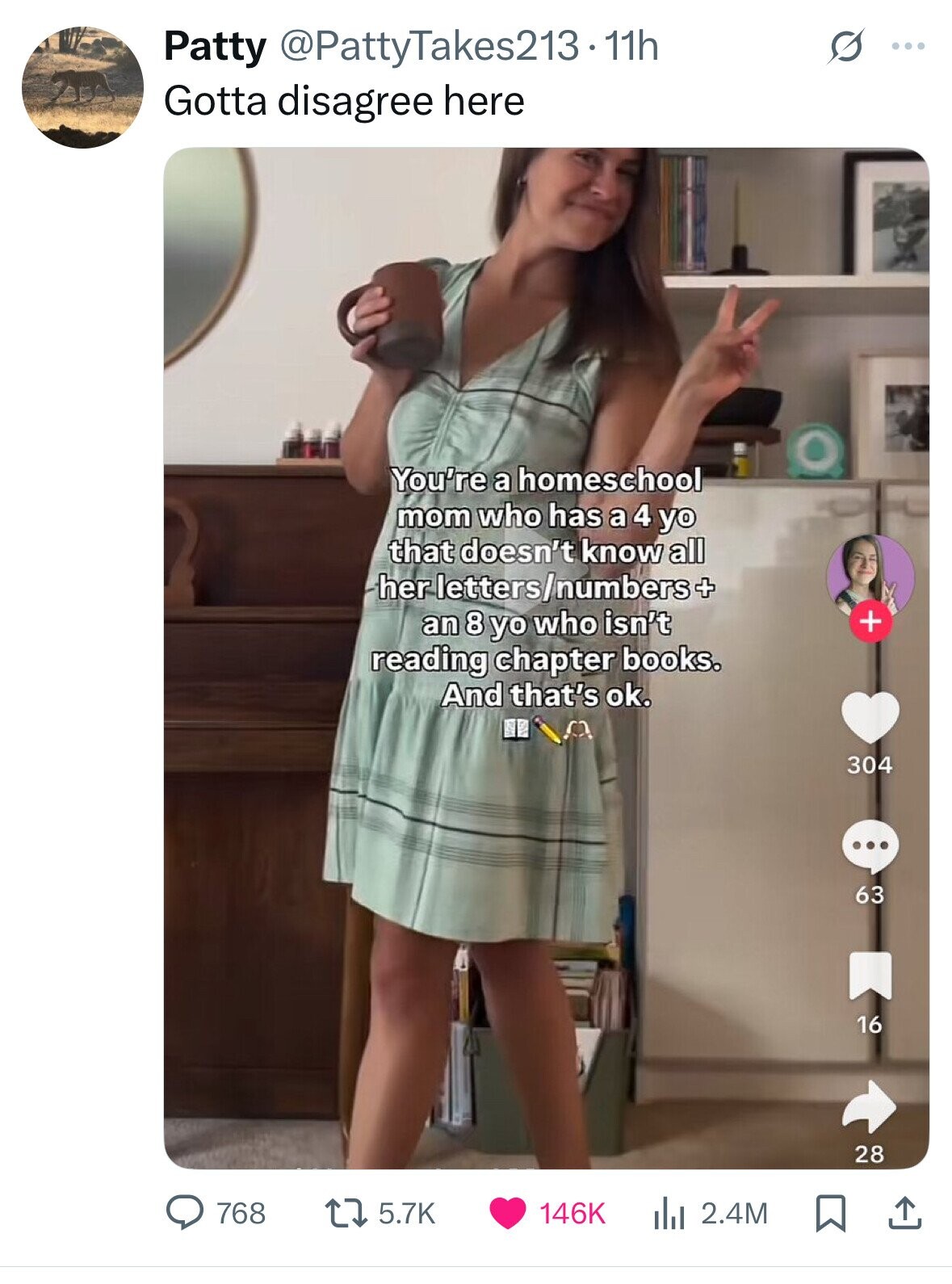 Patty @PattyTakes213-11h S ... Gotta disagree here You're a homeschool mom who has a 4 yo that doesn't know all her letters/numbers+ + an 8 yo who isn't reading chapter books. And that's ok. 304 ... 63 16 28 768 5.7K 146K 2.4M 