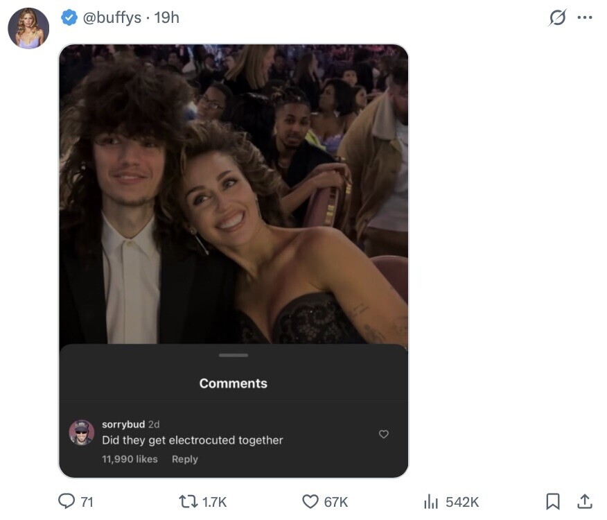 @buffys . 19h G... Comments sorrybud 2d Did they get electrocuted together 11,990 likes Reply 71 1.7K 67K 542K 