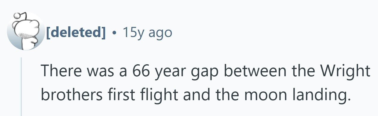  . 15y ago There was a 66 year gap between the Wright brothers first flight and the moon landing. 