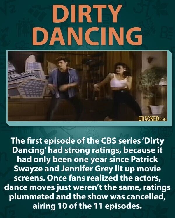 DIRTY DANCING ES SODA CRACKED.COM The first episode of the CBS series 'Dirty Dancing' had strong ratings, because it had only been one year since Patrick Swayze and Jennifer Grey lit up movie screens. Once fans realized the actors, dance moves just weren't the same, ratings plummeted and the show was cancelled, airing 10 of the 11 episodes.