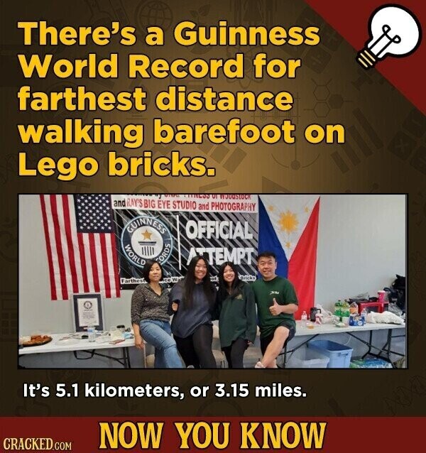 There's a Guinness World Record for farthest distance walking barefoot on Lego bricks. VI and RAY'S BIG EYE STUDIO and PHOTOGRAPHY GUINNESS OFFICIAL WORLD FORDS ATTEMPT Bricks of Farthest ce Wait ... It's 5.1 kilometers, or 3.15 miles. NOW YOU KNOW CRACKED.COM