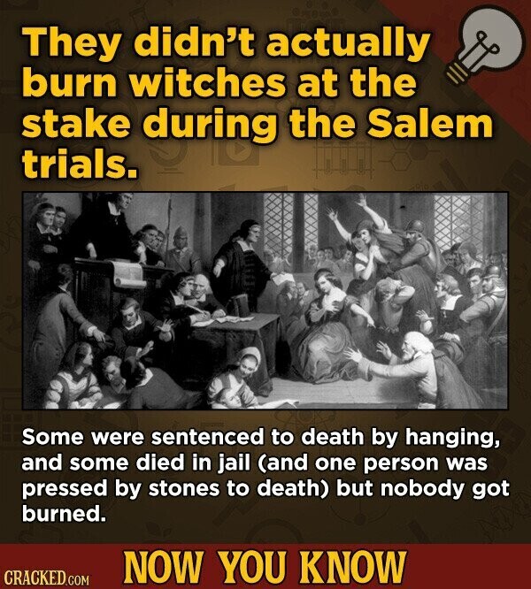 They didn't actually burn witches at the stake during the Salem trials. Some were sentenced to death by hanging, and some died in jail (and one person was pressed by stones to death) but nobody got burned. NOW YOU KNOW CRACKED.COM