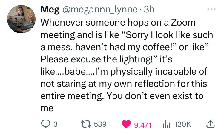 Meg @megannn_lynne.3 3h ... Whenever someone hops on a Zoom meeting and is like Sorry I look like such a mess, haven't had my coffee! or like Please excuse the lighting! it's like....babe...l'm physically incapable of not staring at my own reflection for this entire meeting. You don't even exist to me 3 539 120K 9,471 