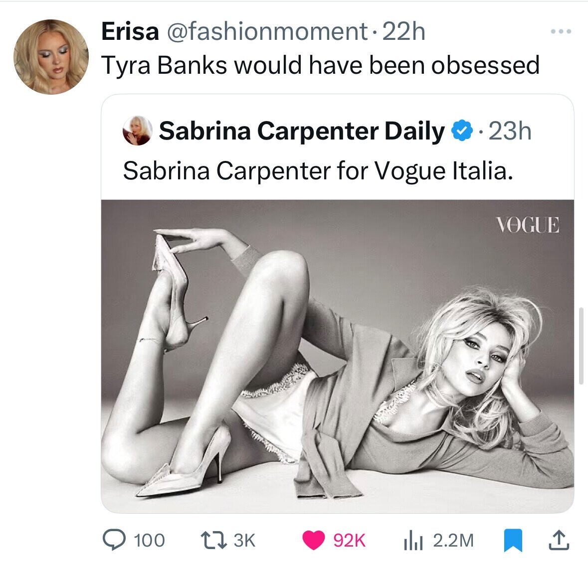 Erisa @fashionmoment.2 22h ... Tyra Banks would have been obsessed Sabrina Carpenter Daily 23h Sabrina Carpenter for Vogue Italia. VOGUE 100 3K 92K 2.2M