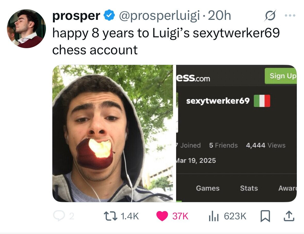 prosper @prosperluigi 20h ... happy 8 years to Luigi's sexytwerker69 chess account Sign Up ess.com sexytwerker69 7 Joined 5 Friends 4,444 Views Mar 19, 2025 Games Stats Award 2 1.4K 37K 623K 