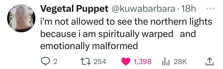 Vegetal Puppet @kuwabarbara.18h ... i'm not allowed to see the northern lights because i am spiritually warped and emotionally malformed 2 254 1,398 28K 