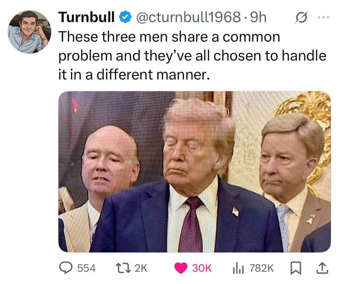 Turnbull @cturnbull1968.9h ... These three men share a common problem and they've all chosen to handle it in a different manner. 554 2K 30K del 782K 