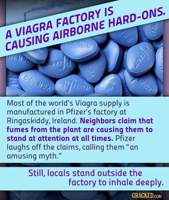 IS FACTORY HARD-ONS. A VIAGRA AIRBORNE 100 CAUSING Brife pfizer 001 O9A pfrier VGR Most of the world's Viagra supply is manufactured in Pfizer's factory at Ringaskiddy, Ireland. Neighbors claim that fumes from the plant are causing them to stand at attention at all times. Pfizer laughs off the claims, calling them' an amusing myth. Still, locals stand outside the factory to inhale deeply. CRACKED.COM