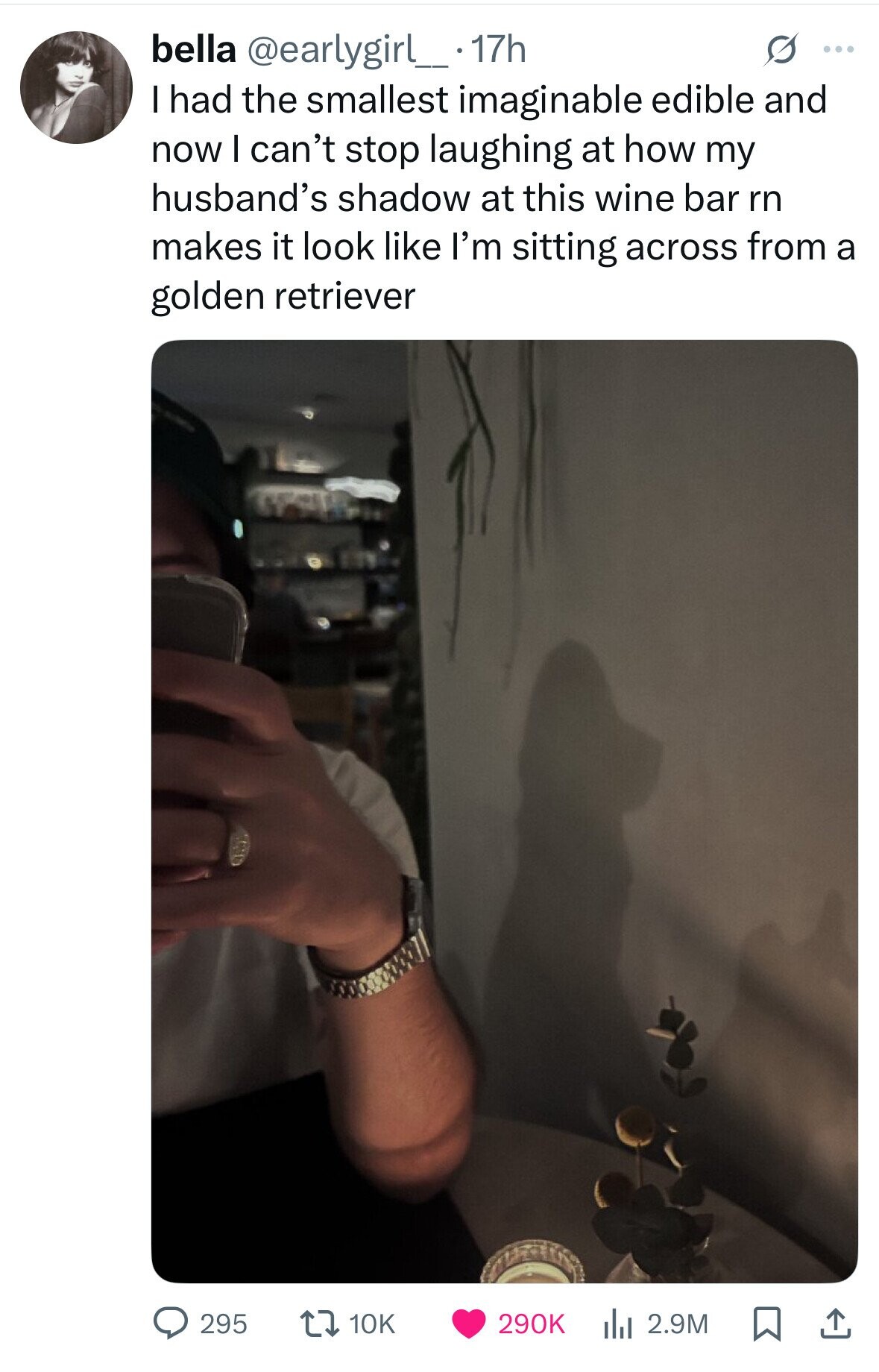 bella @earlygirl__ 17h S ... I had the smallest imaginable edible and now I can't stop laughing at how my husband's shadow at this wine bar rn makes it look like I'm sitting across from a golden retriever 295 10K 290K del 2.9M 