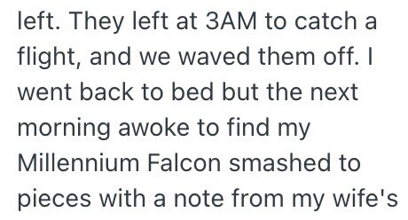 left. They left at 3AM to catch a flight, and we waved them off. I went back to bed but the next morning awoke to find my Millennium Falcon smashed to pieces with a note from my wife's