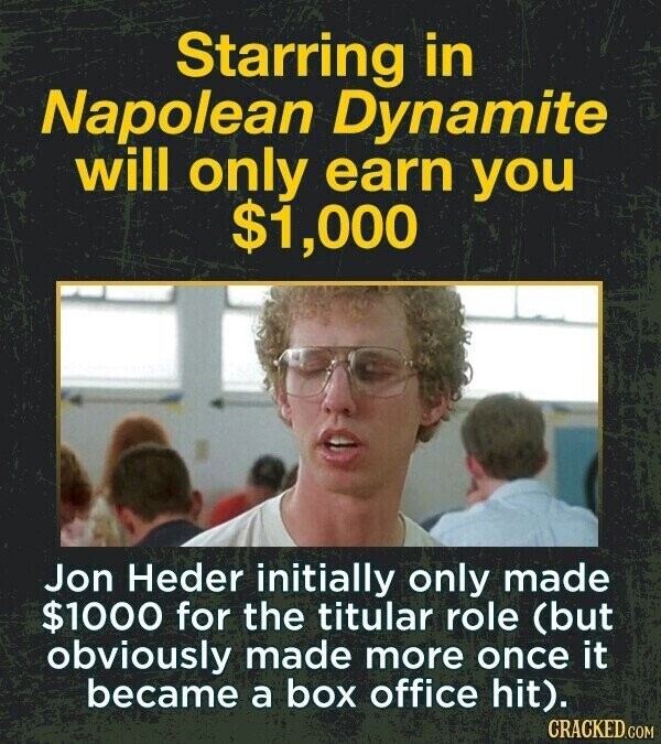 Starring in Napolean Dynamite will only earn you $1,000 Jon Heder initially only made $1000 for the titular role (but obviously made more once it became a box office hit). CRACKED.COM
