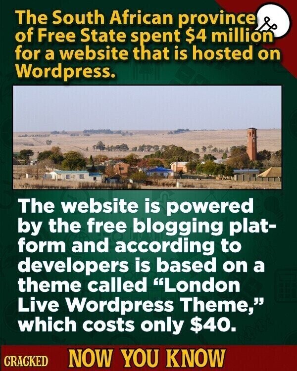 The South African province of Free State spent $4 million for a website that is hosted on Wordpress. The website is powered by the free blogging plat- form and according to developers is based on a theme called London Live Wordpress Theme, which costs only $40. CRACKED NOW YOU KNOW