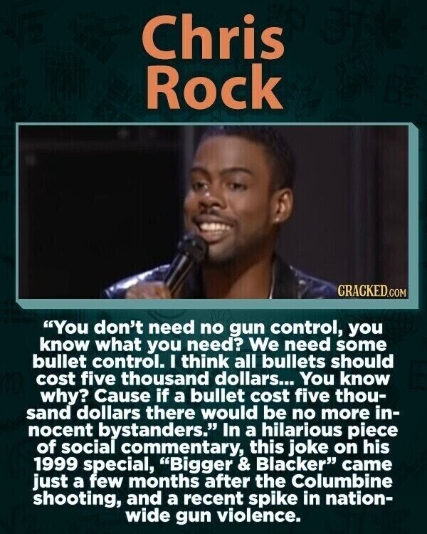 Chris Rock CRACKED.COM You don't need no gun control, you know what you need? We need some bullet control. I think all bullets should cost five thousand dollars... You know why? Cause if a bullet cost five thou- sand dollars there would be no more in- nocent bystanders. In a hilarious piece of social commentary, this joke on his 1999 special, Bigger & Blacker came just a few months after the Columbine shooting, and a recent spike in nation- wide gun violence.