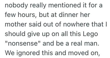 nobody really mentioned it for a few hours, but at dinner her mother said out of nowhere that I should give up on all this Lego nonsense and be a real man. We ignored this and moved on,