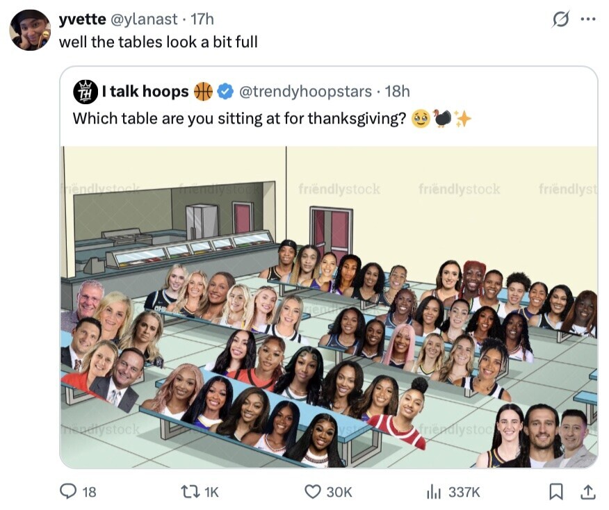 yvette @ylanast 17h S ... well the tables look a bit full I talk hoops @trendyhoopstars 18h Which table are you sitting at for thanksgiving? riendlystock I friendlystock friendlystock friendlyst VS friendlystoc Handlystock 18 1K 30K 337K 